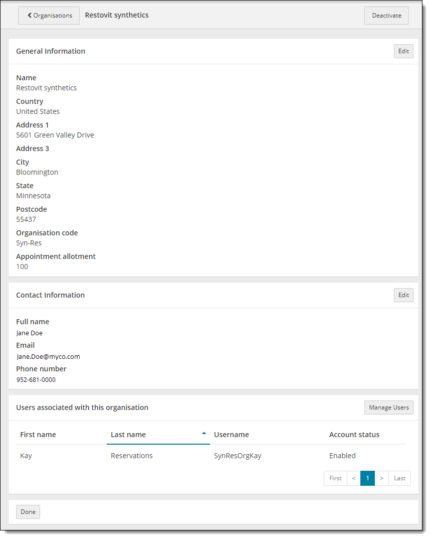 Organization details with user list.